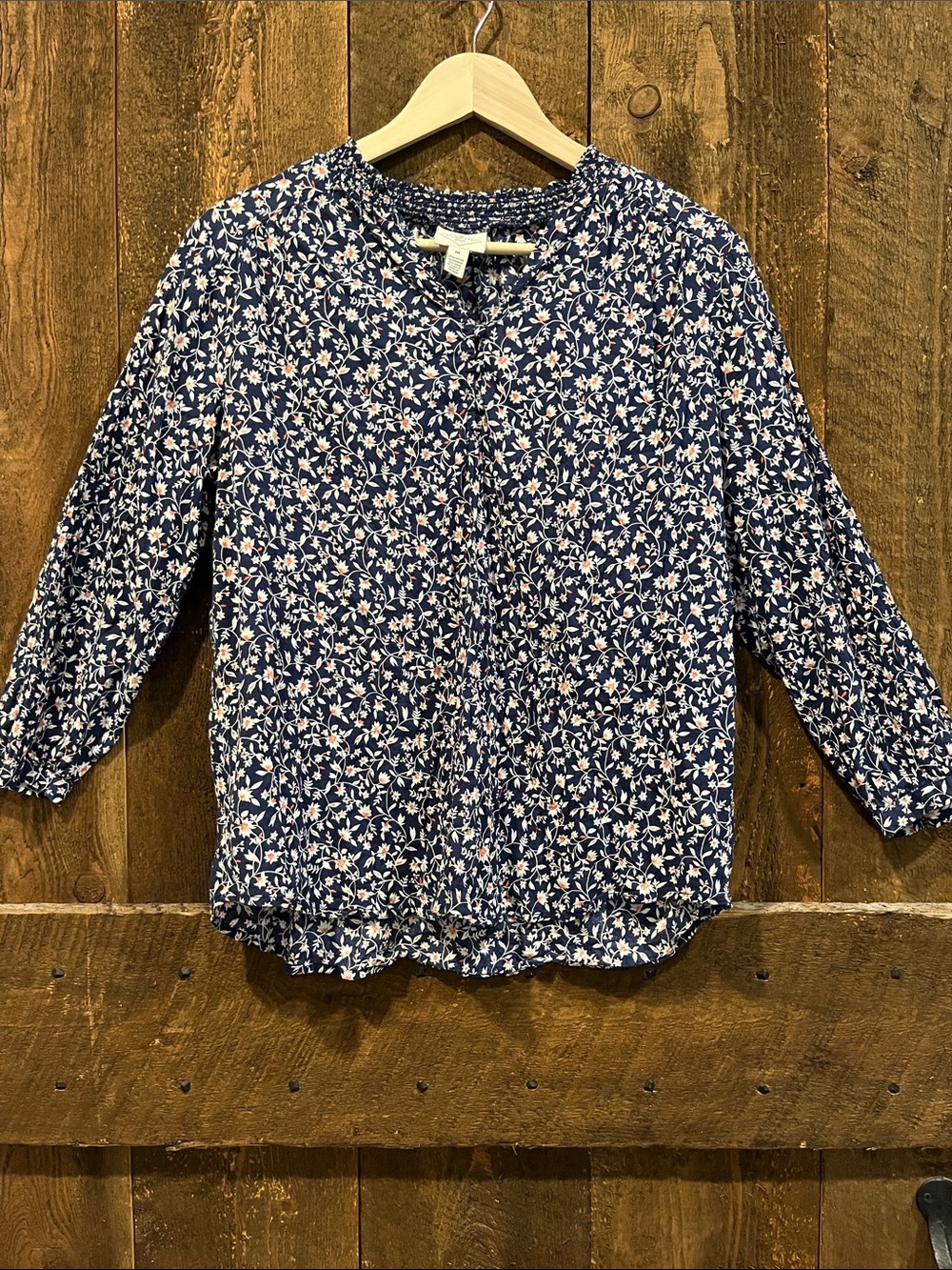 St. John's Bay Navy Floral Peasant Blouse with Pink and White Flowers